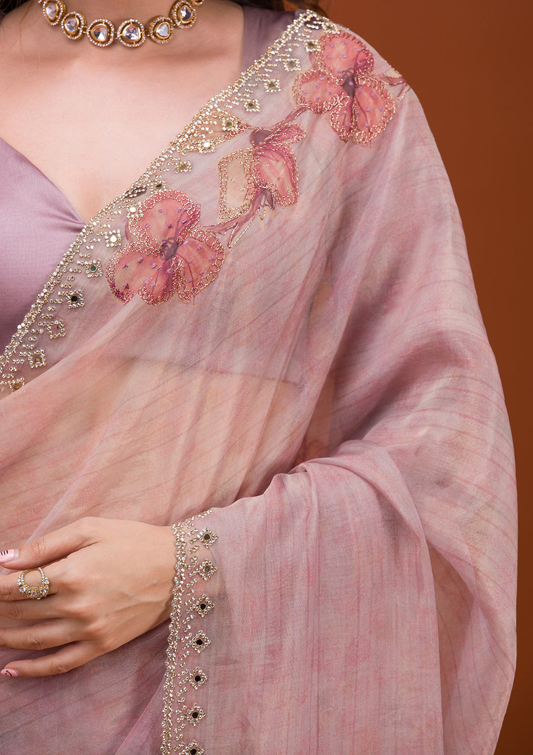 Mauve Organza Floral Gold Zariwork Saree With Matching Blouse Piece