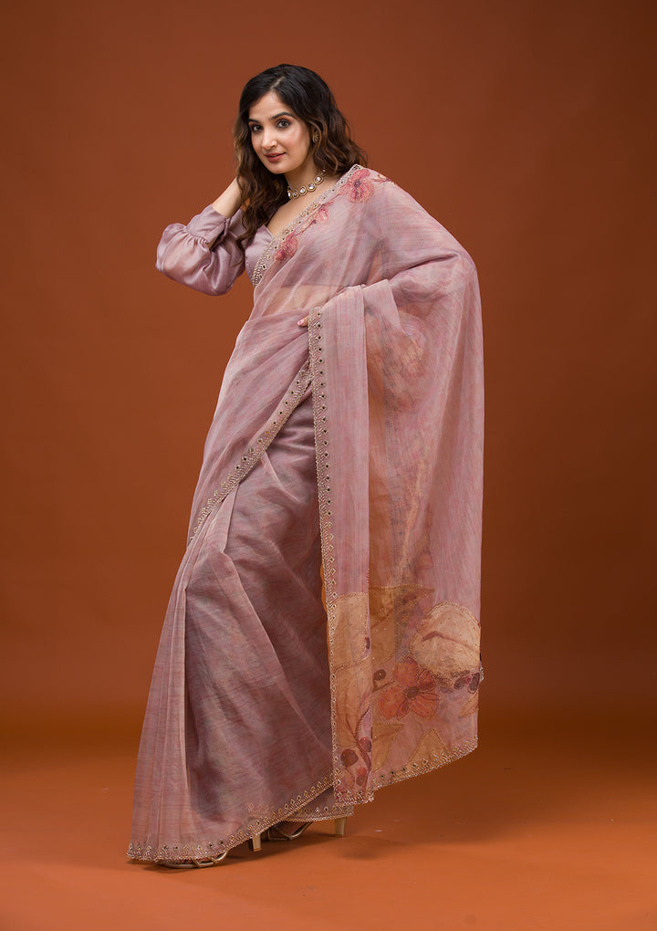 Mauve Organza Floral Gold Zariwork Saree With Matching Blouse Piece