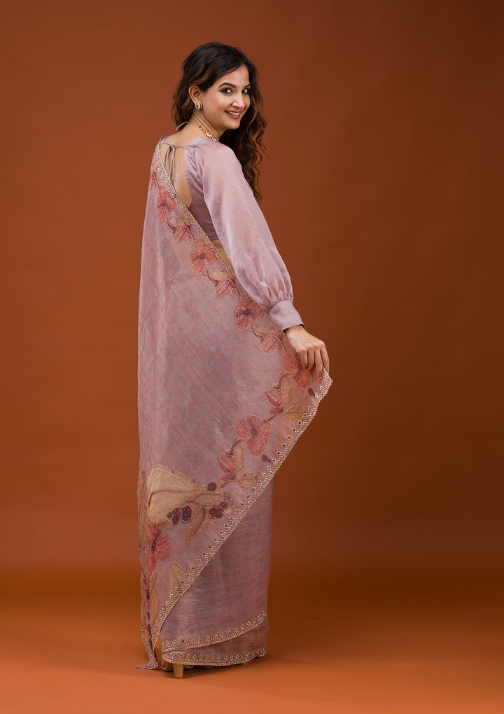 Mauve Organza Floral Gold Zariwork Saree With Matching Blouse Piece