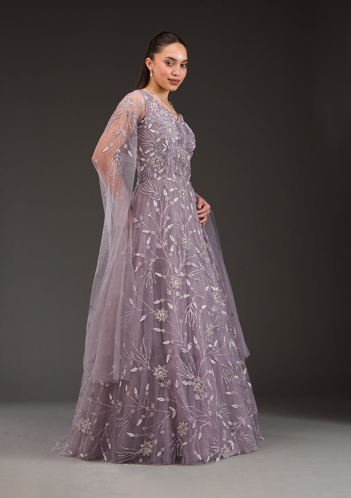 Koskii Net Lavender Gown - Silver Stonework Elegance
