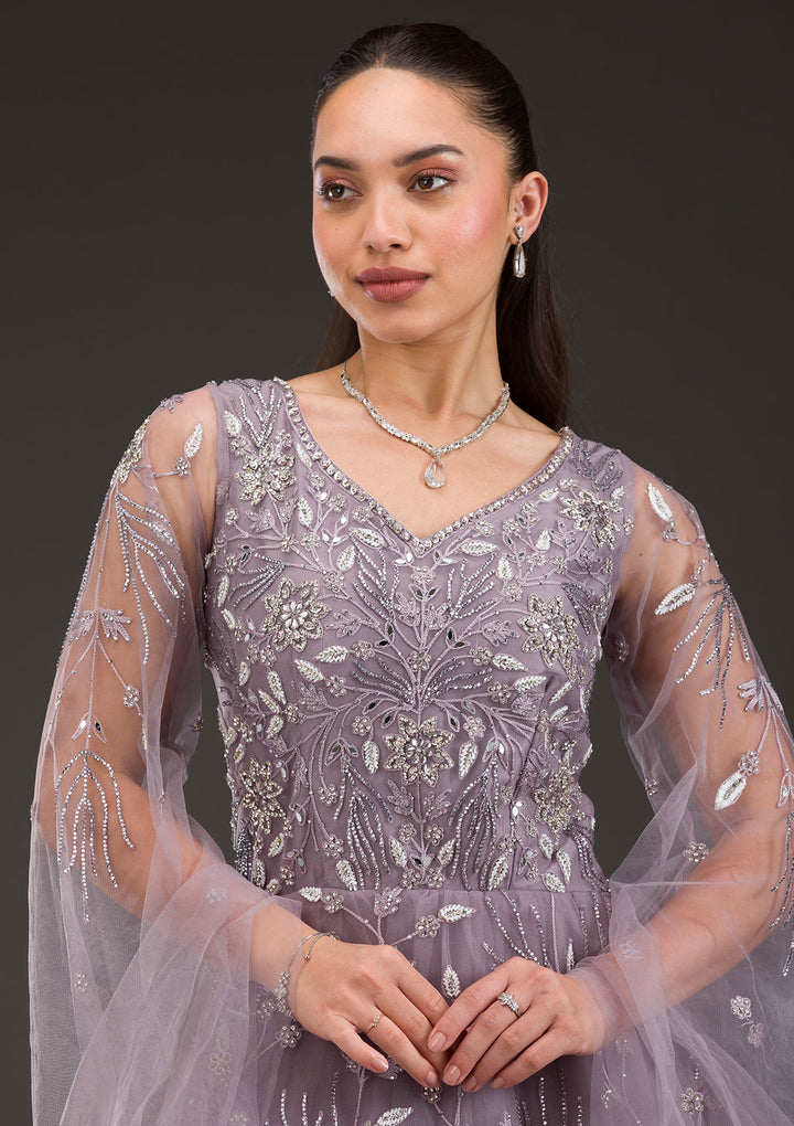 Koskii Net Lavender Gown - Silver Stonework Elegance