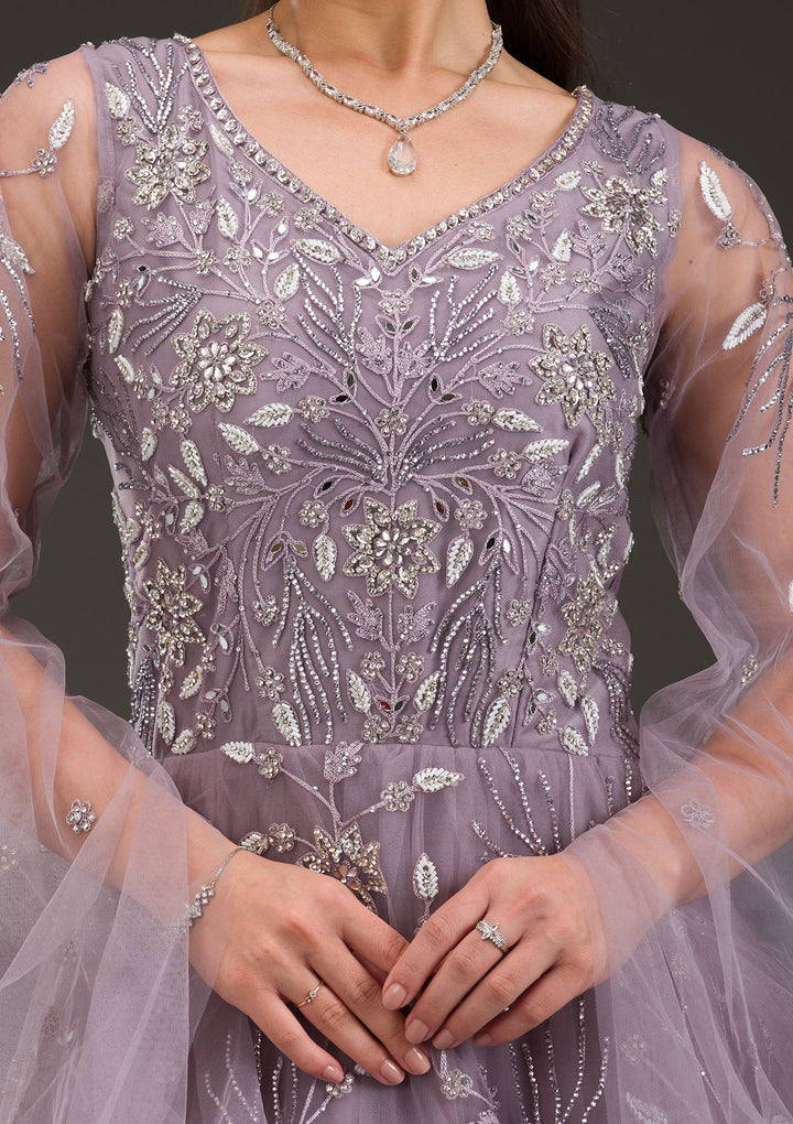 Koskii Net Lavender Gown - Silver Stonework Elegance