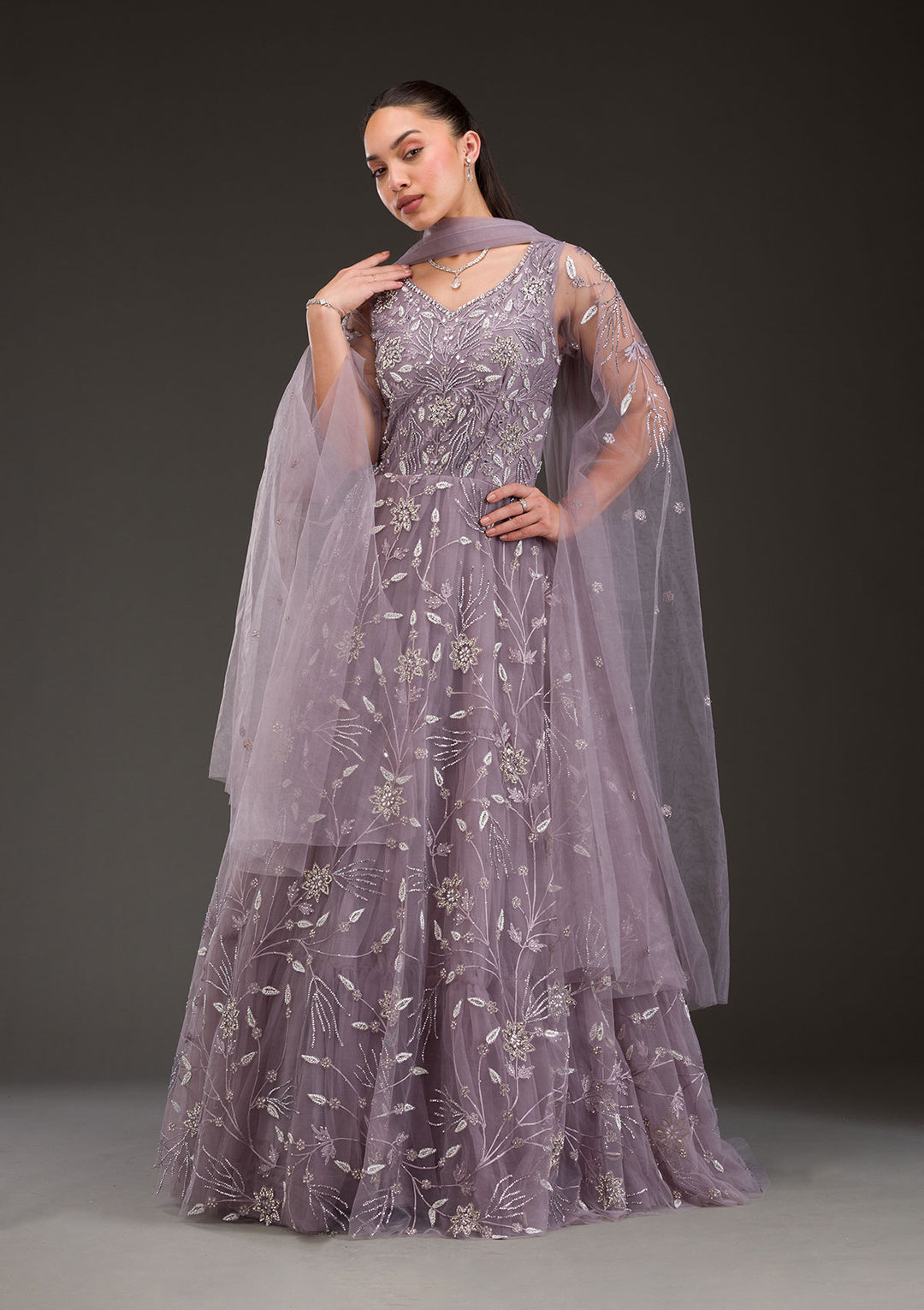 Koskii Net Lavender Gown - Silver Stonework Elegance