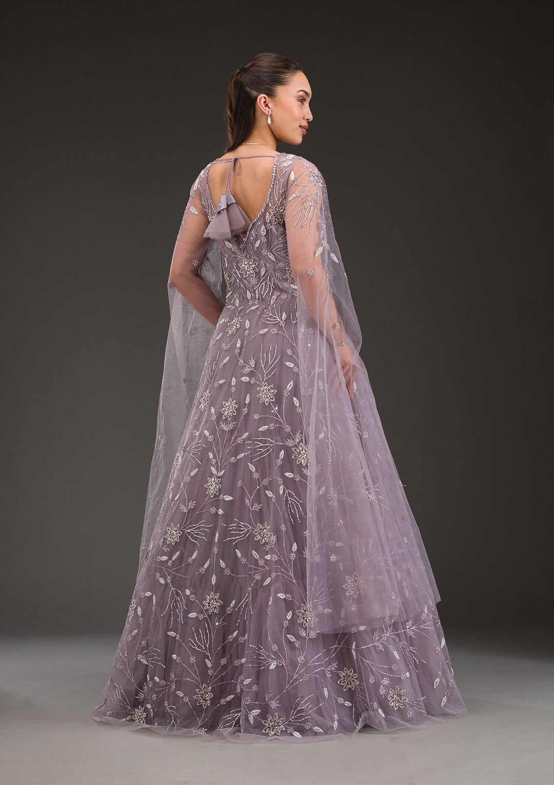 Koskii Net Lavender Gown - Silver Stonework Elegance