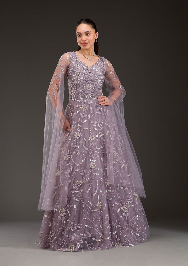 Koskii Net Lavender Gown - Silver Stonework Elegance