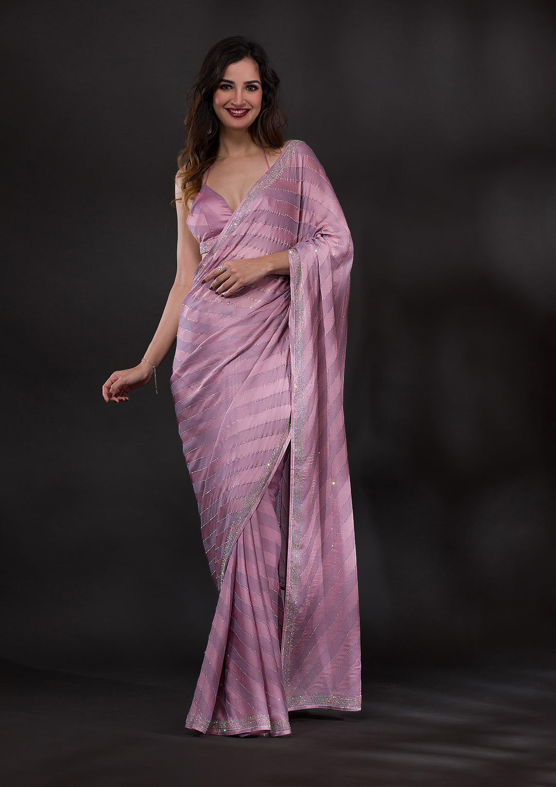Lavender Satin Swarovski Saree With Matching Blouse Piece