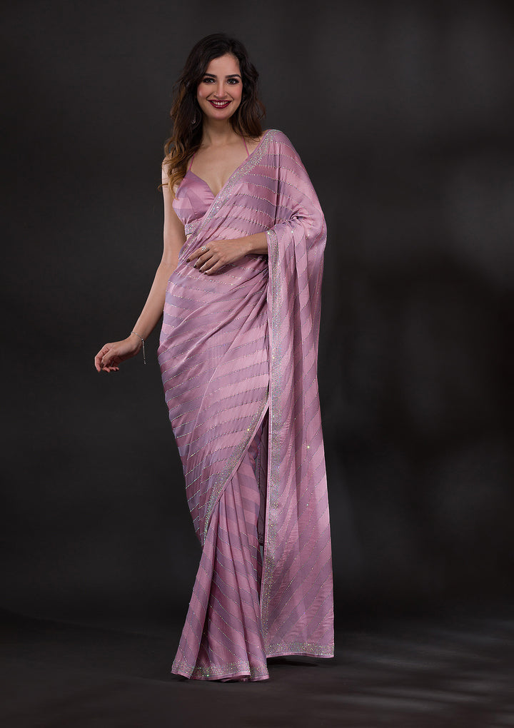 Lavender Satin Swarovski Saree With Matching Blouse Piece