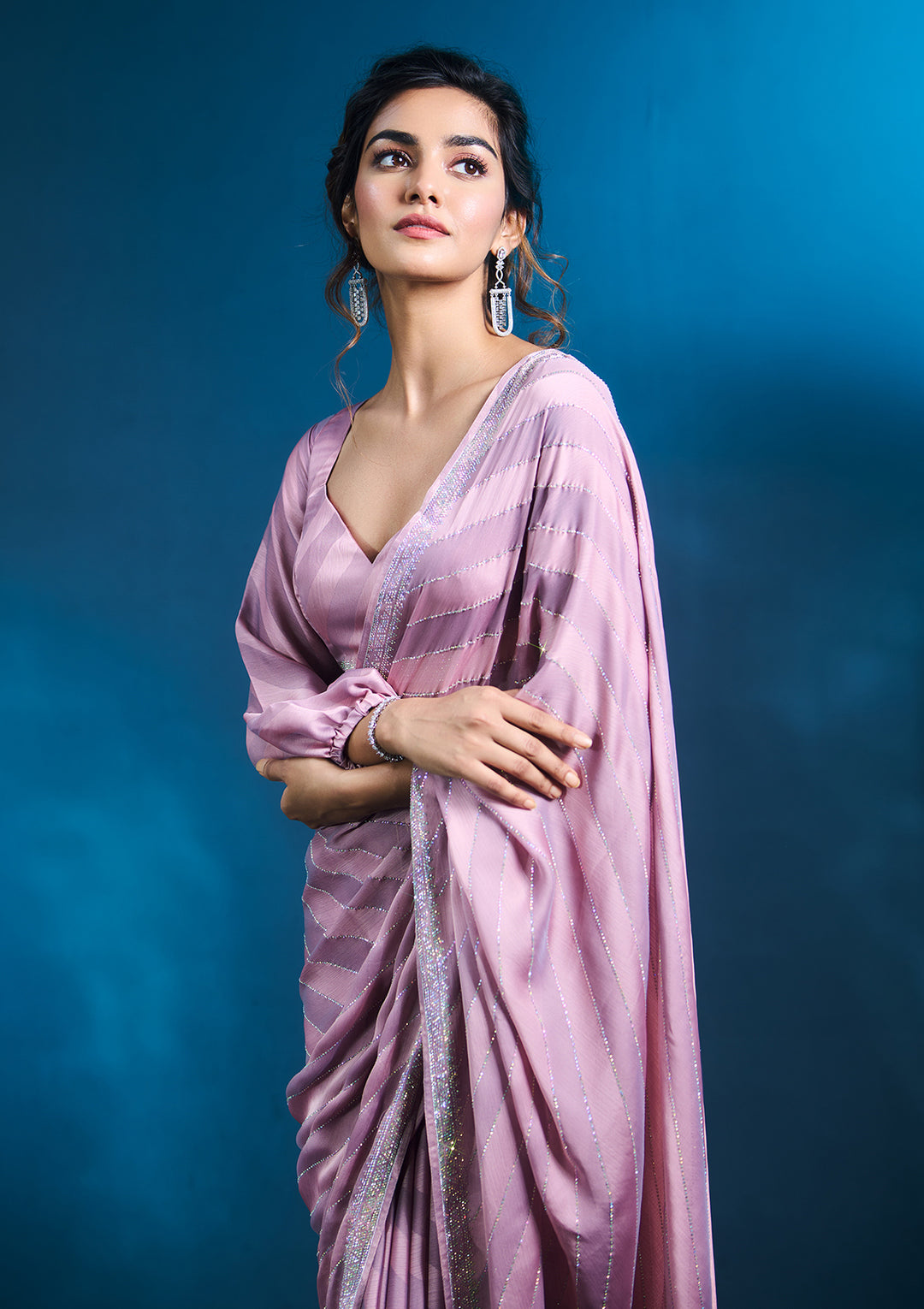 Lavender Satin Swarovski Saree With Matching Blouse Piece