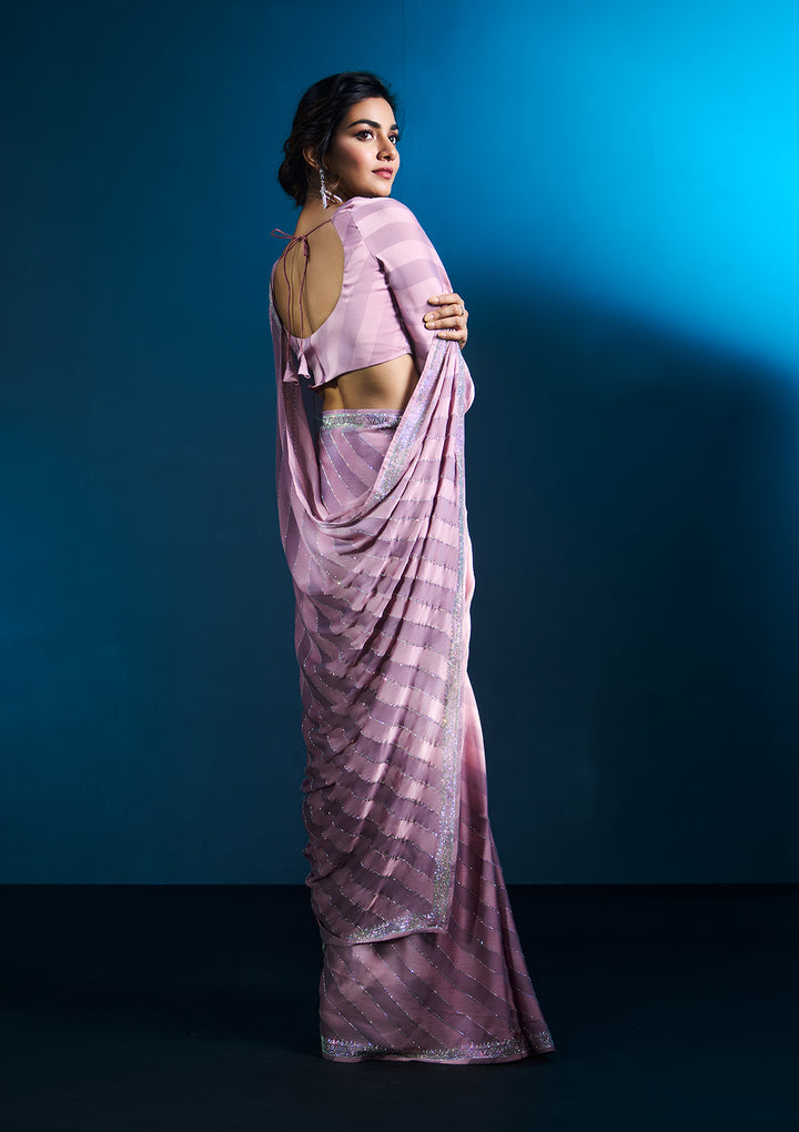 Lavender Satin Swarovski Saree With Matching Blouse Piece