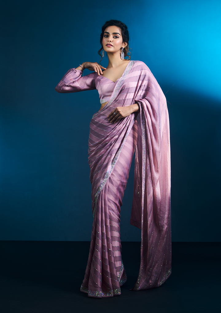 Lavender Satin Swarovski Saree With Matching Blouse Piece