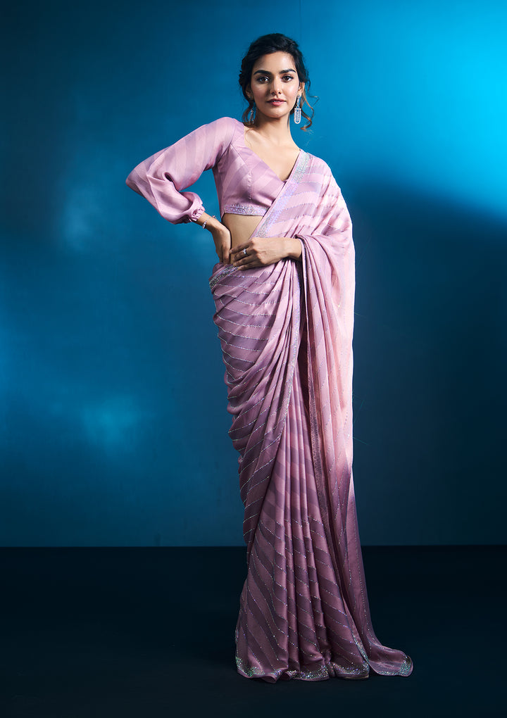 Lavender Satin Swarovski Saree With Matching Blouse Piece
