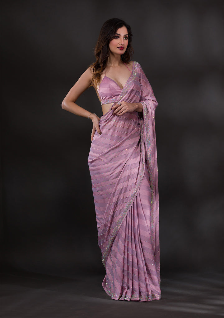 Lavender Satin Swarovski Saree With Matching Blouse Piece