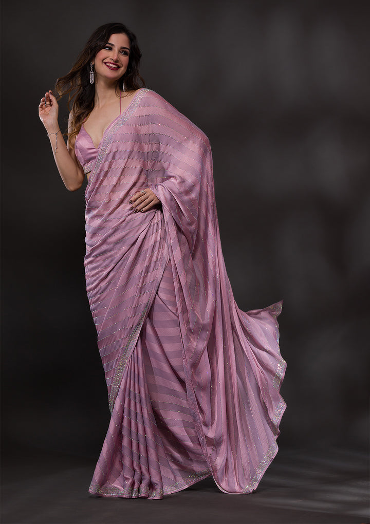 Lavender Satin Swarovski Saree With Matching Blouse Piece