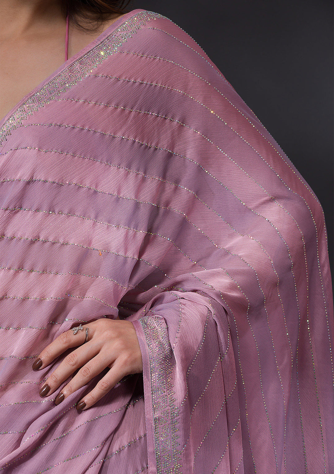 Lavender Satin Swarovski Saree With Matching Blouse Piece