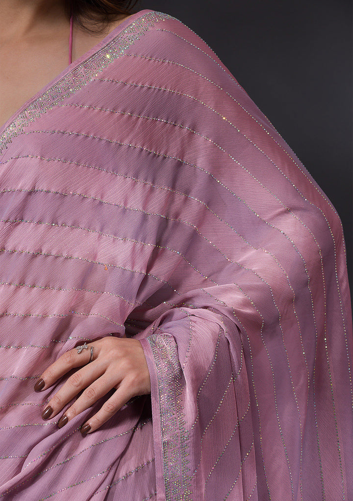 Lavender Satin Swarovski Saree With Matching Blouse Piece