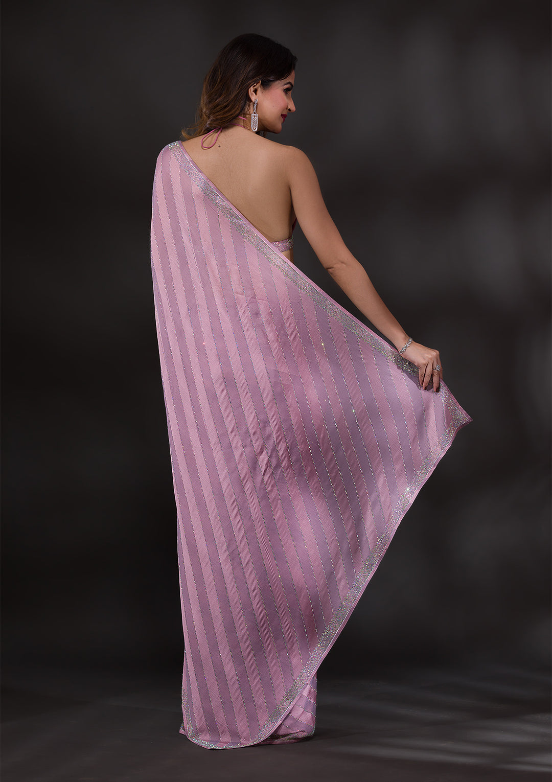 Lavender Satin Swarovski Saree With Matching Blouse Piece