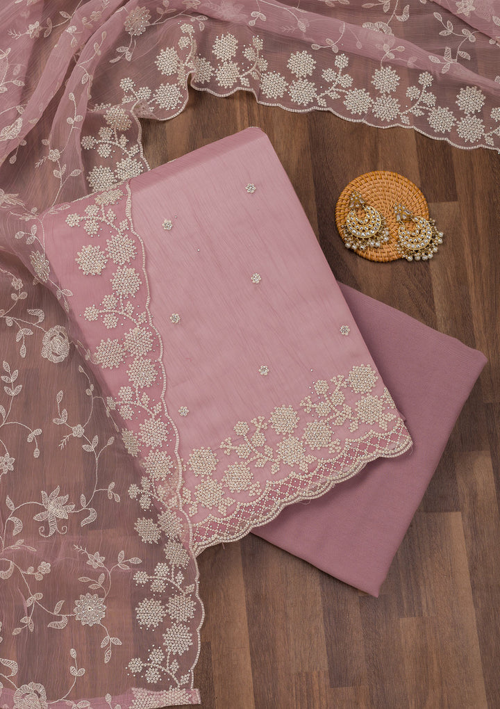 Mauve Georgette Threadwork Unstitched Dress Material With Matching Bottom And Dupatta