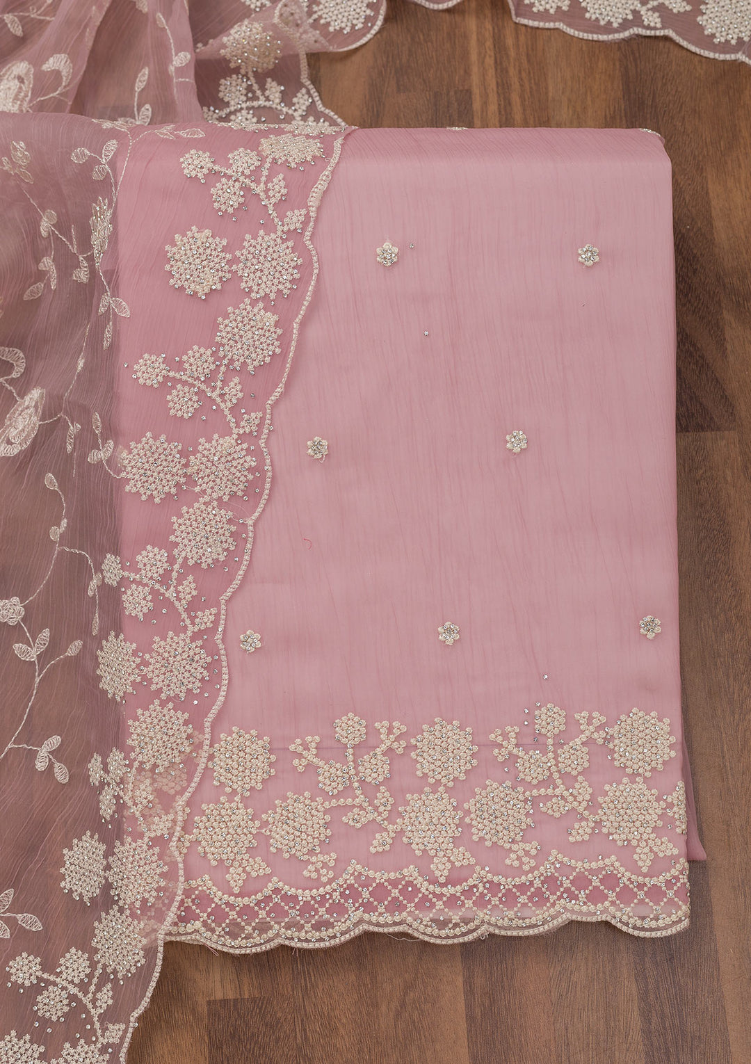Mauve Georgette Threadwork Unstitched Dress Material With Matching Bottom And Dupatta