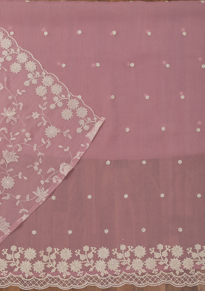 Mauve Georgette Threadwork Unstitched Dress Material With Matching Bottom And Dupatta