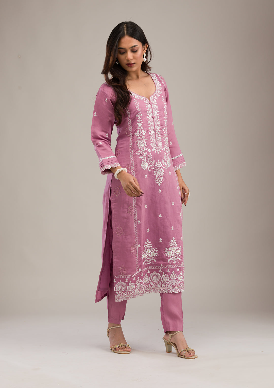 Mauve Threadwork Cotton Readymade Salwar Suit