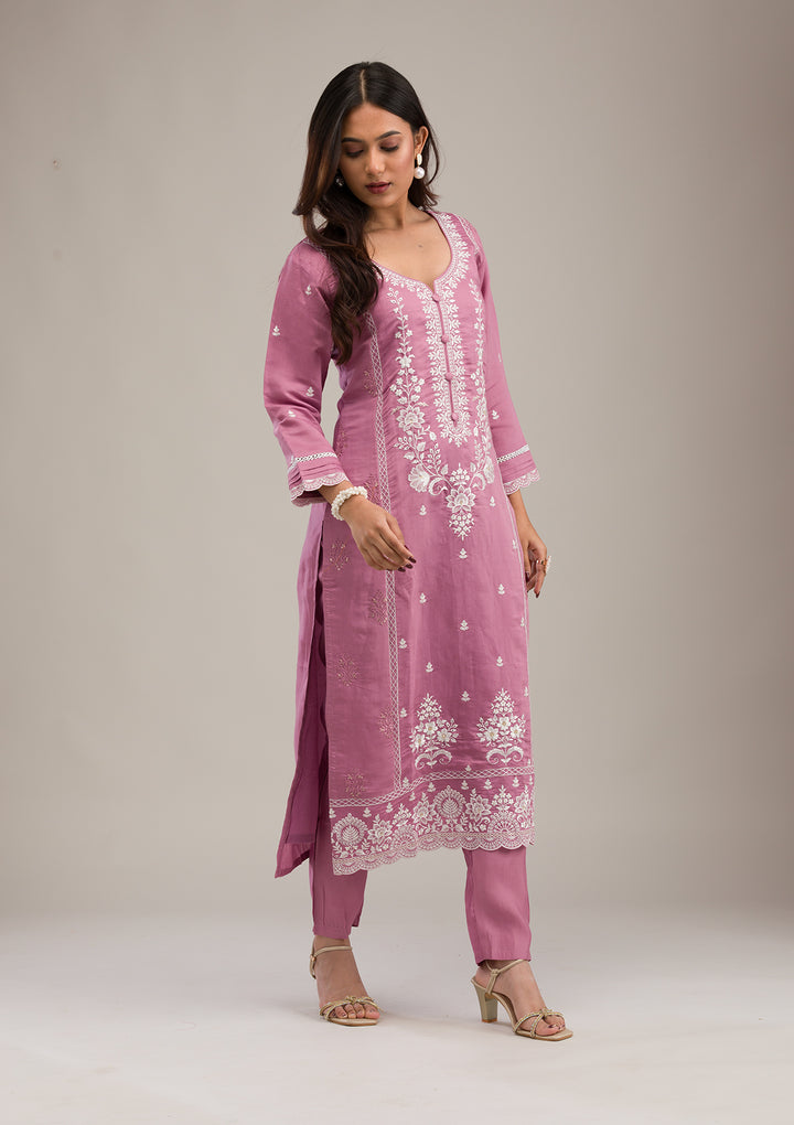 Mauve Threadwork Cotton Readymade Salwar Suit