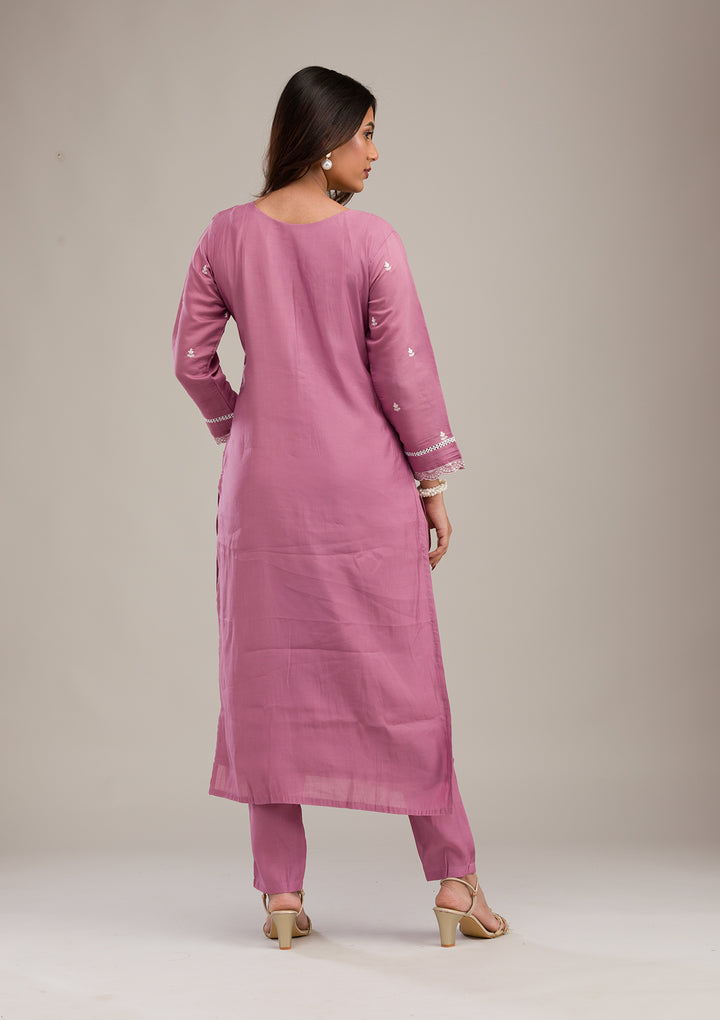 Mauve Threadwork Cotton Readymade Salwar Suit