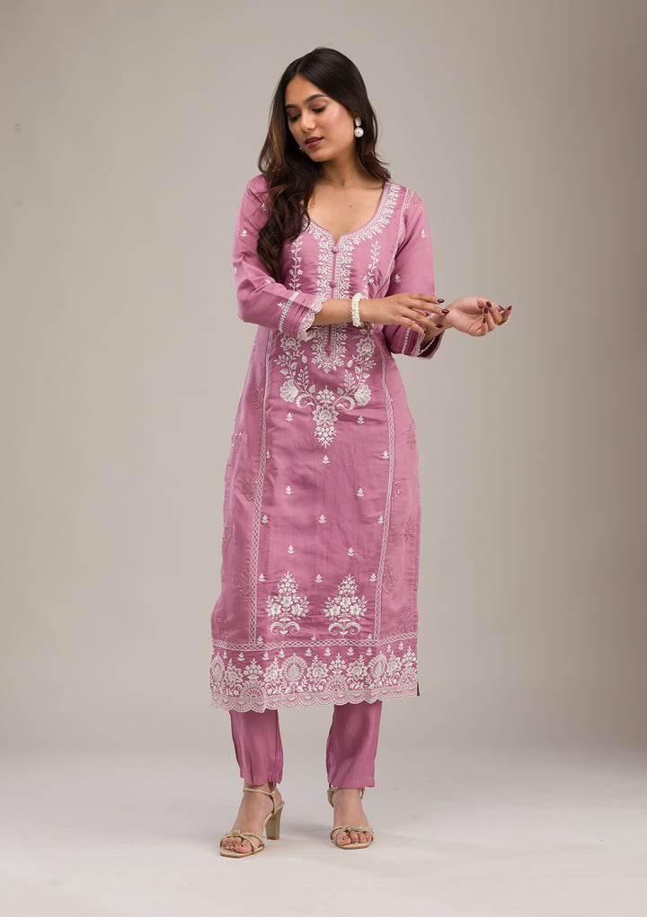 Mauve Threadwork Cotton Readymade Salwar Suit