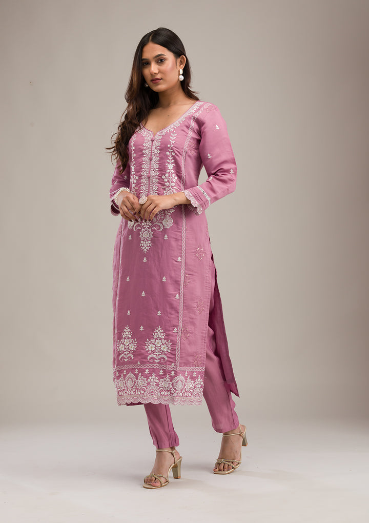 Mauve Threadwork Cotton Readymade Salwar Suit