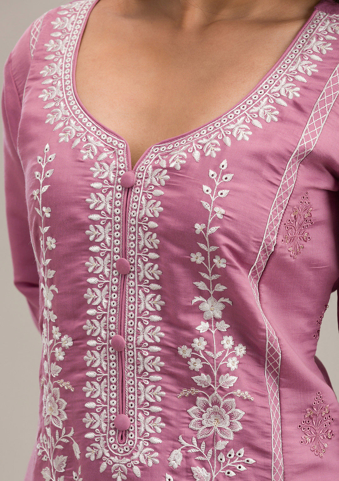 Mauve Threadwork Cotton Readymade Salwar Suit