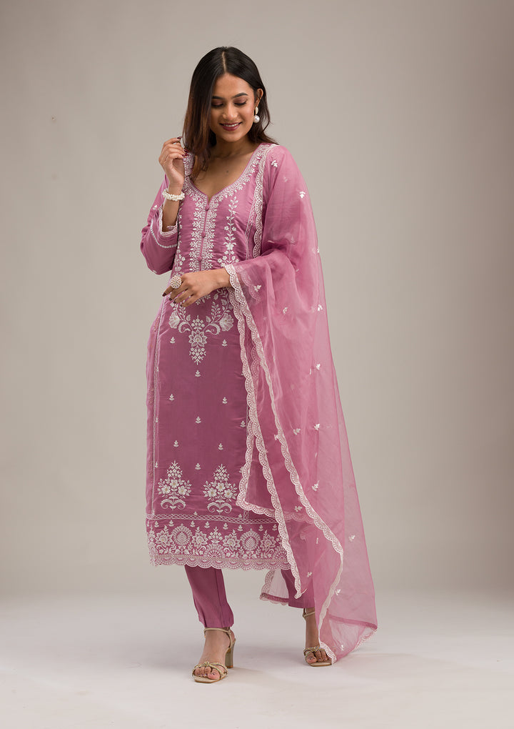 Mauve Threadwork Cotton Readymade Salwar Suit