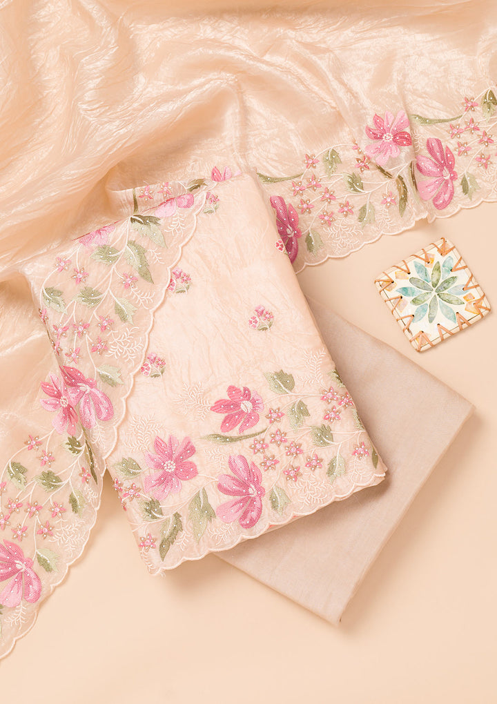 Peach Threadwork Organza Unstitched Salwar Suit