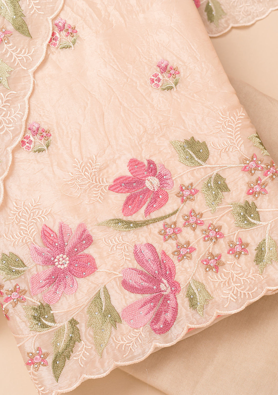 Peach Threadwork Organza Unstitched Salwar Suit