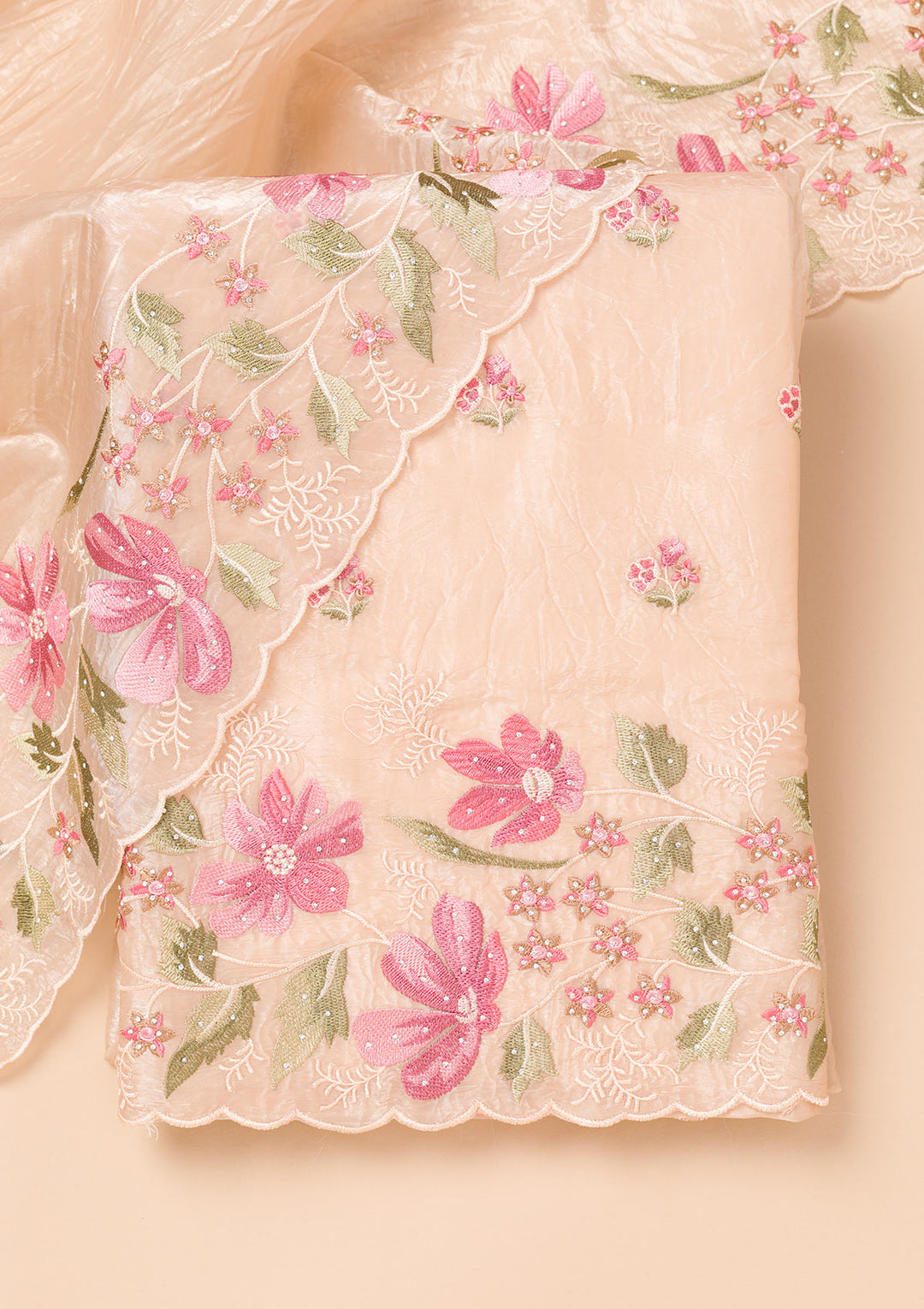 Peach Threadwork Organza Unstitched Salwar Suit