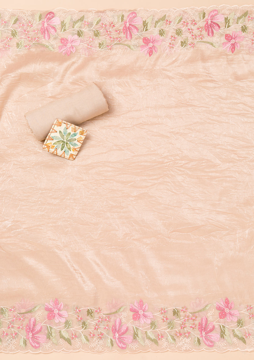 Peach Threadwork Organza Unstitched Salwar Suit