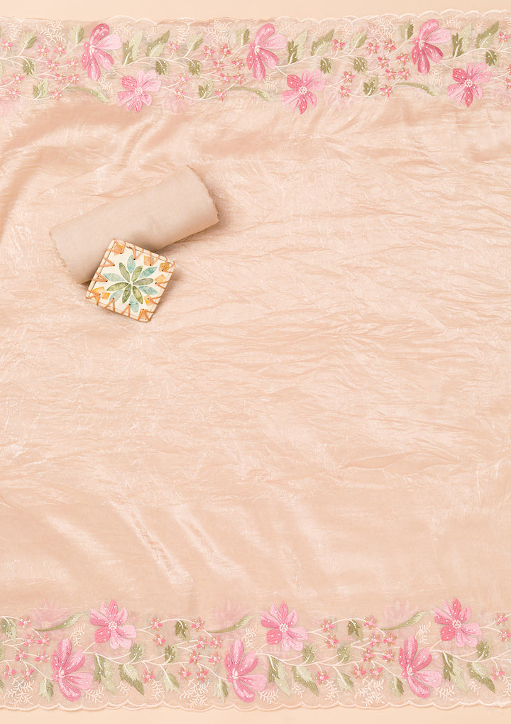 Peach Threadwork Organza Unstitched Salwar Suit