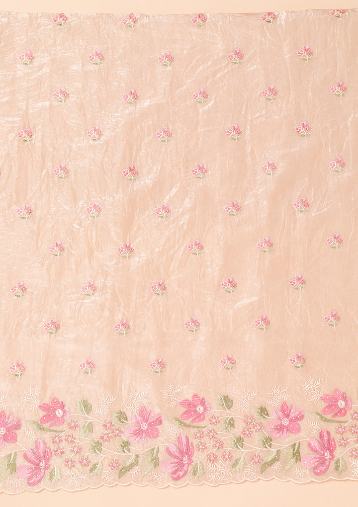 Peach Threadwork Organza Unstitched Salwar Suit