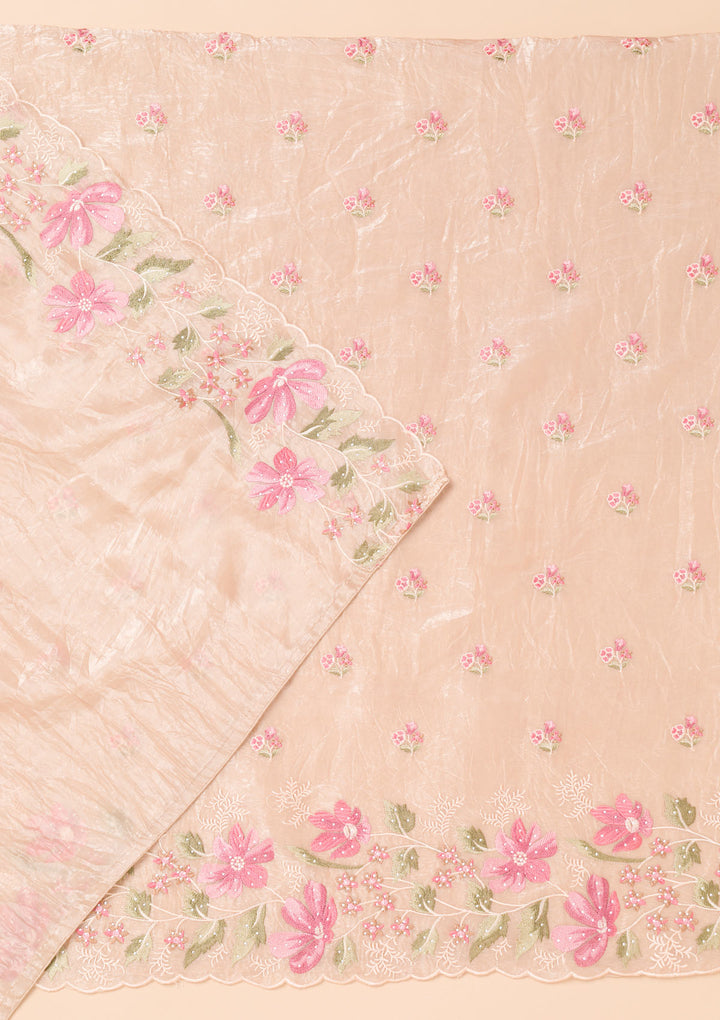 Peach Threadwork Organza Unstitched Salwar Suit