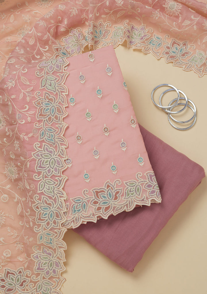 Pink Organza Threadwork Unstitched Dress Material With Matching Bottom And Dupatta