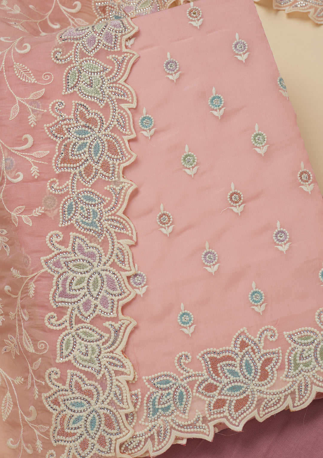 Pink Organza Threadwork Unstitched Dress Material With Matching Bottom And Dupatta