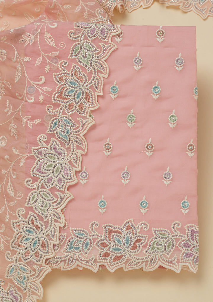 Pink Organza Threadwork Unstitched Dress Material With Matching Bottom And Dupatta