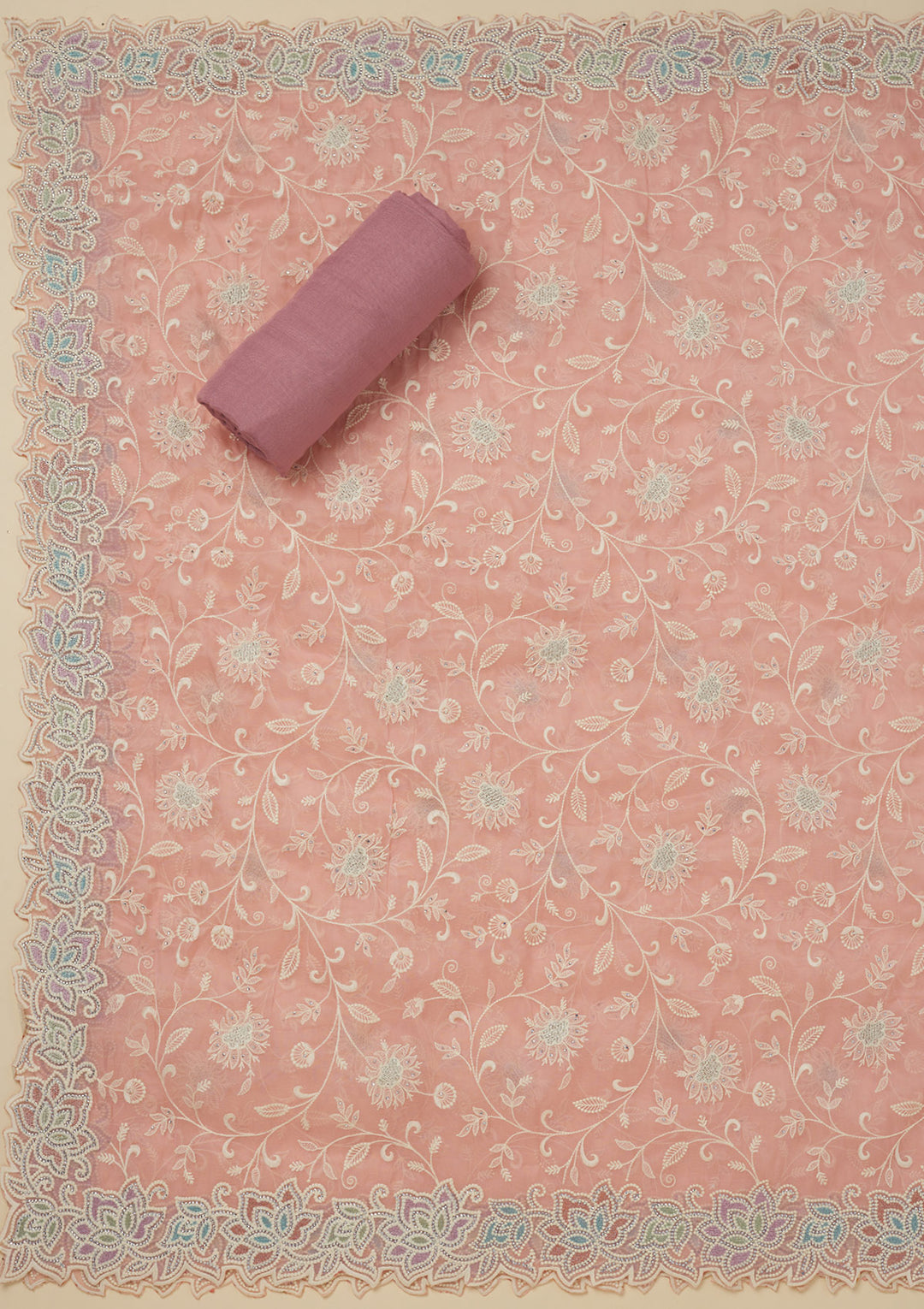 Pink Organza Threadwork Unstitched Dress Material With Matching Bottom And Dupatta