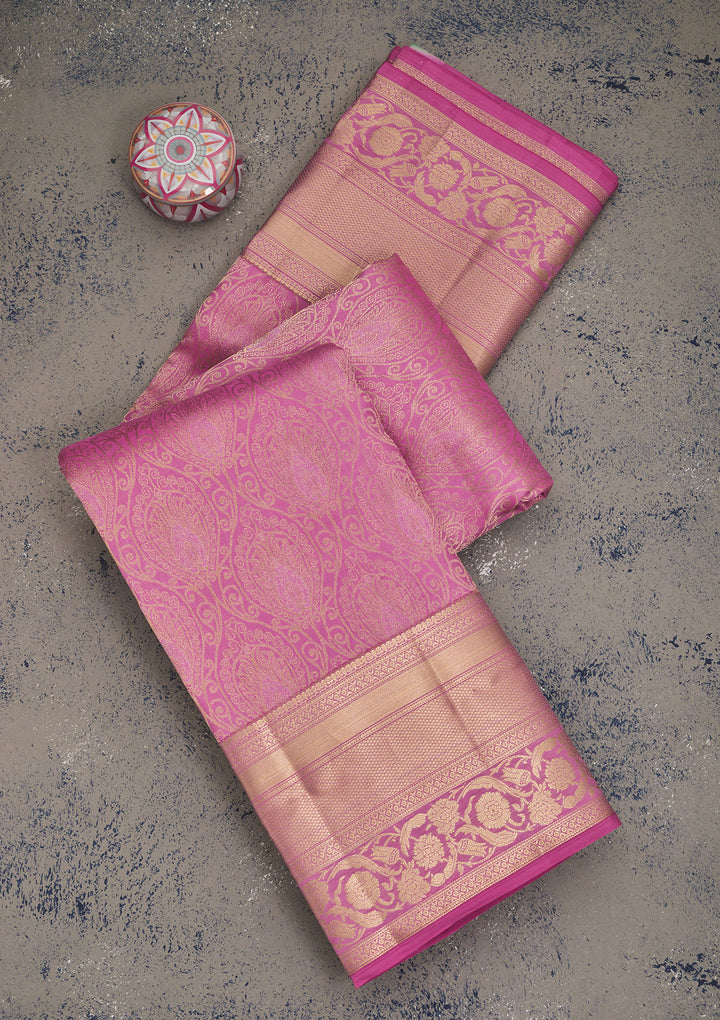 Mauve Pure Silk Jaal Gold Zariwork Saree With Matching Blouse Piece