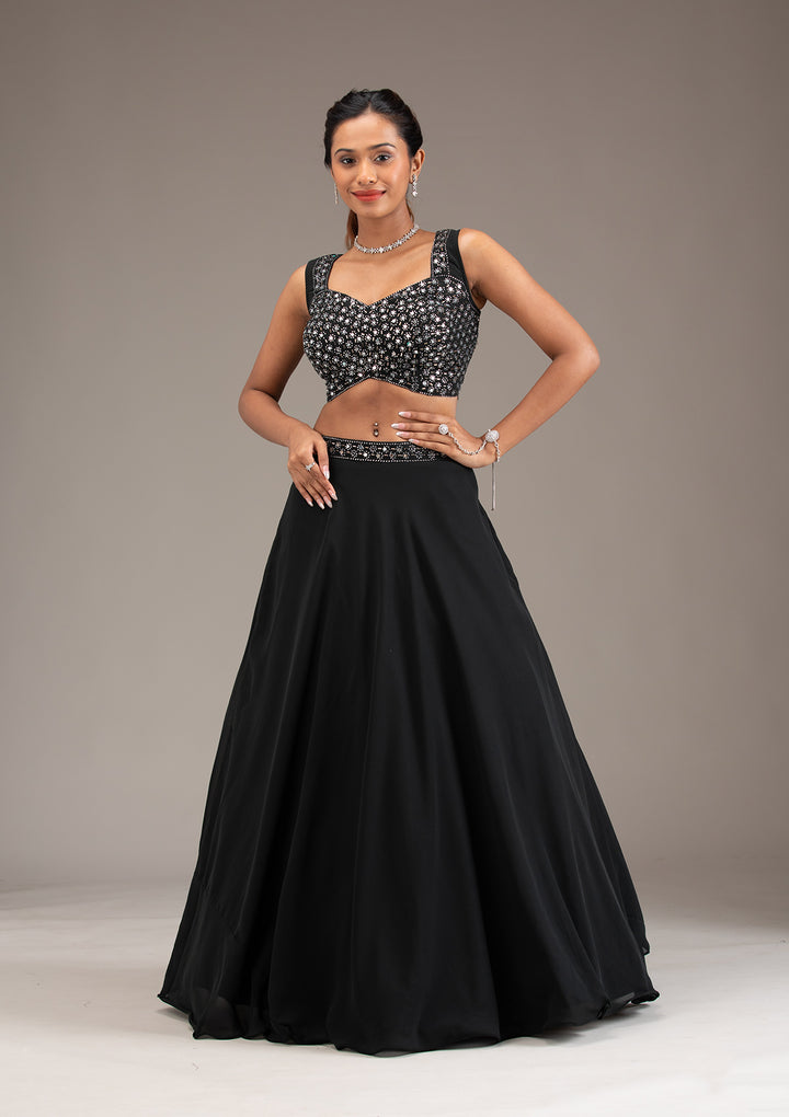 Koskii Black Georgette Lehenga with Mirrorwork – Evening Elegance
