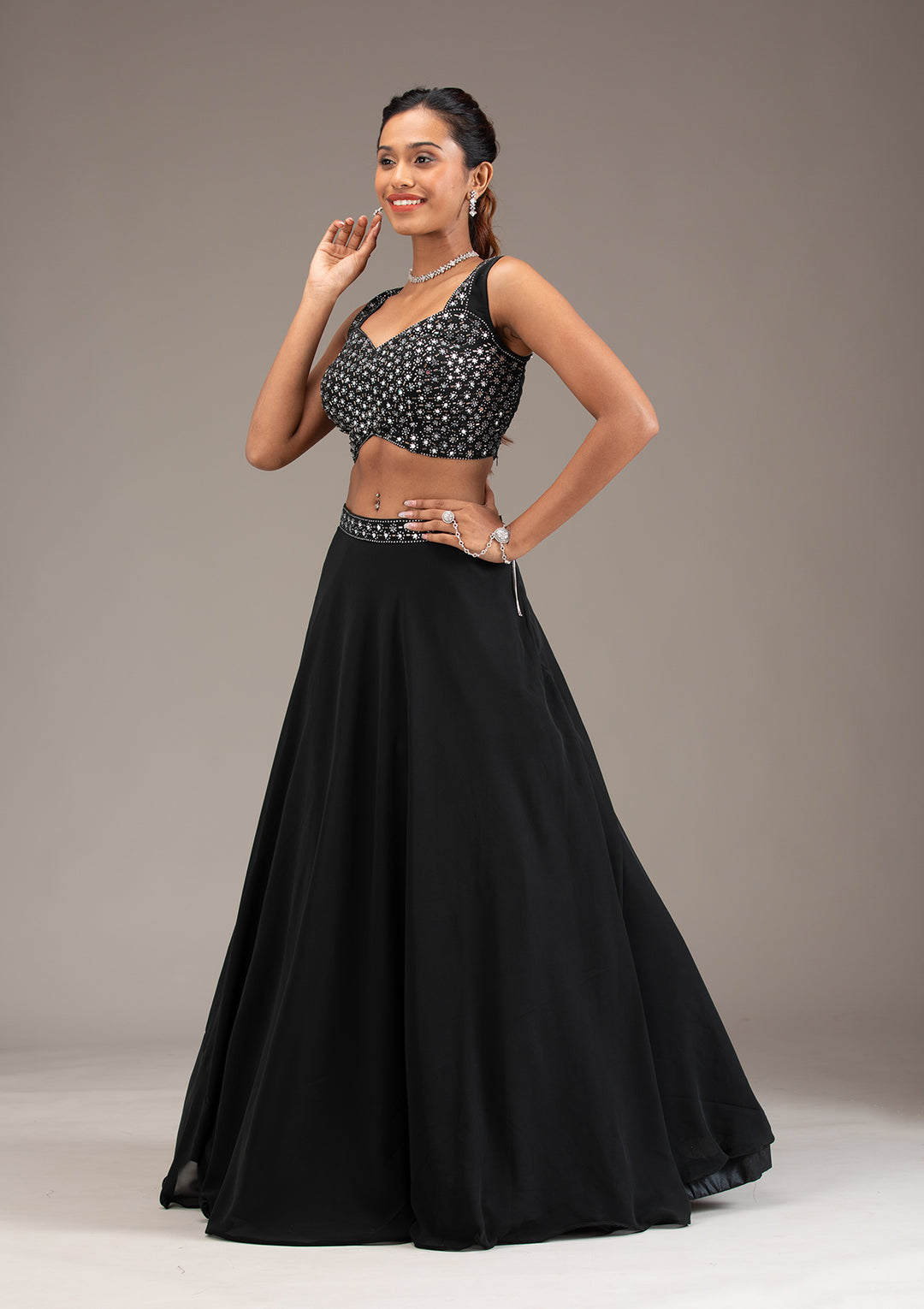Koskii Black Georgette Lehenga with Mirrorwork – Evening Elegance