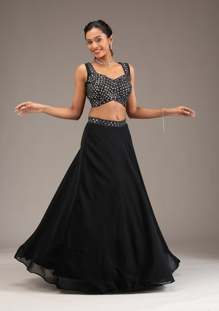 Koskii Black Georgette Lehenga with Mirrorwork – Evening Elegance