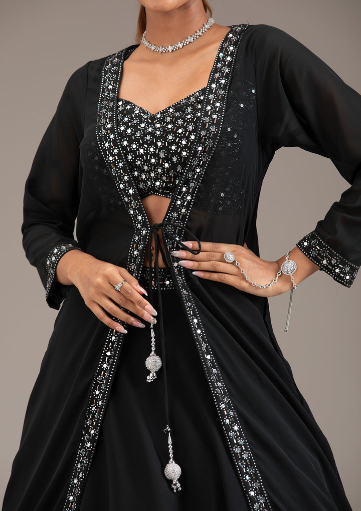 Koskii Black Georgette Lehenga with Mirrorwork – Evening Elegance