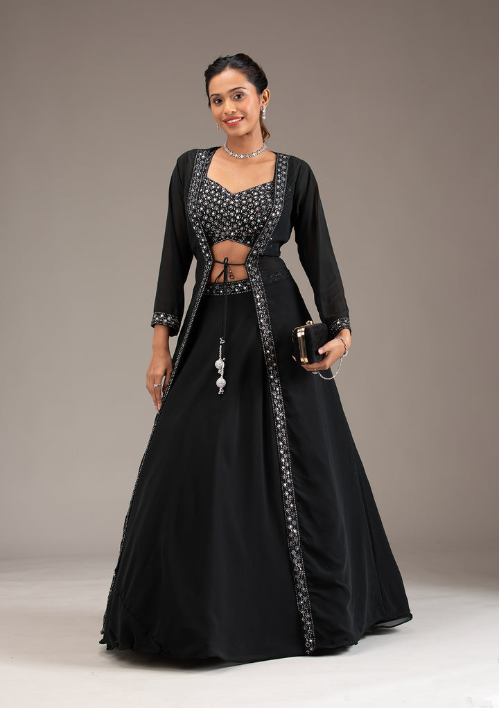 Koskii Black Georgette Lehenga with Mirrorwork – Evening Elegance