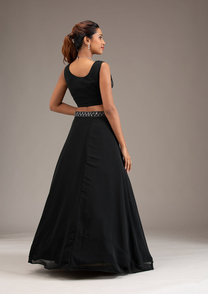 Koskii Black Georgette Lehenga with Mirrorwork – Evening Elegance