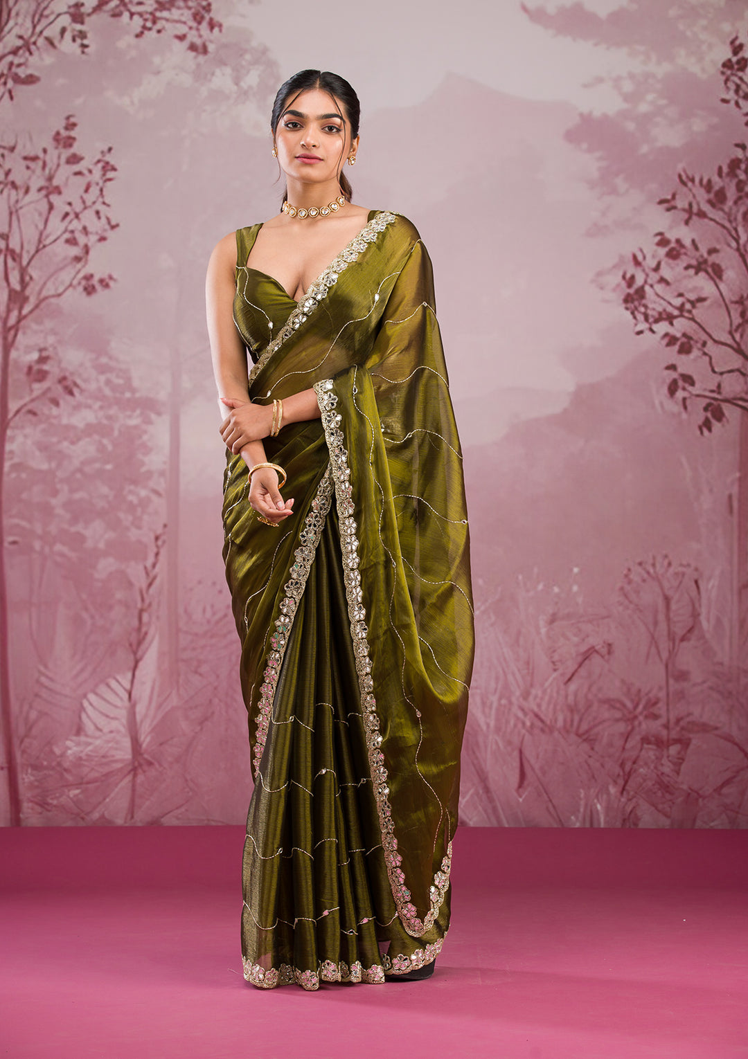 Mehendi Mirrorwork Organza Saree