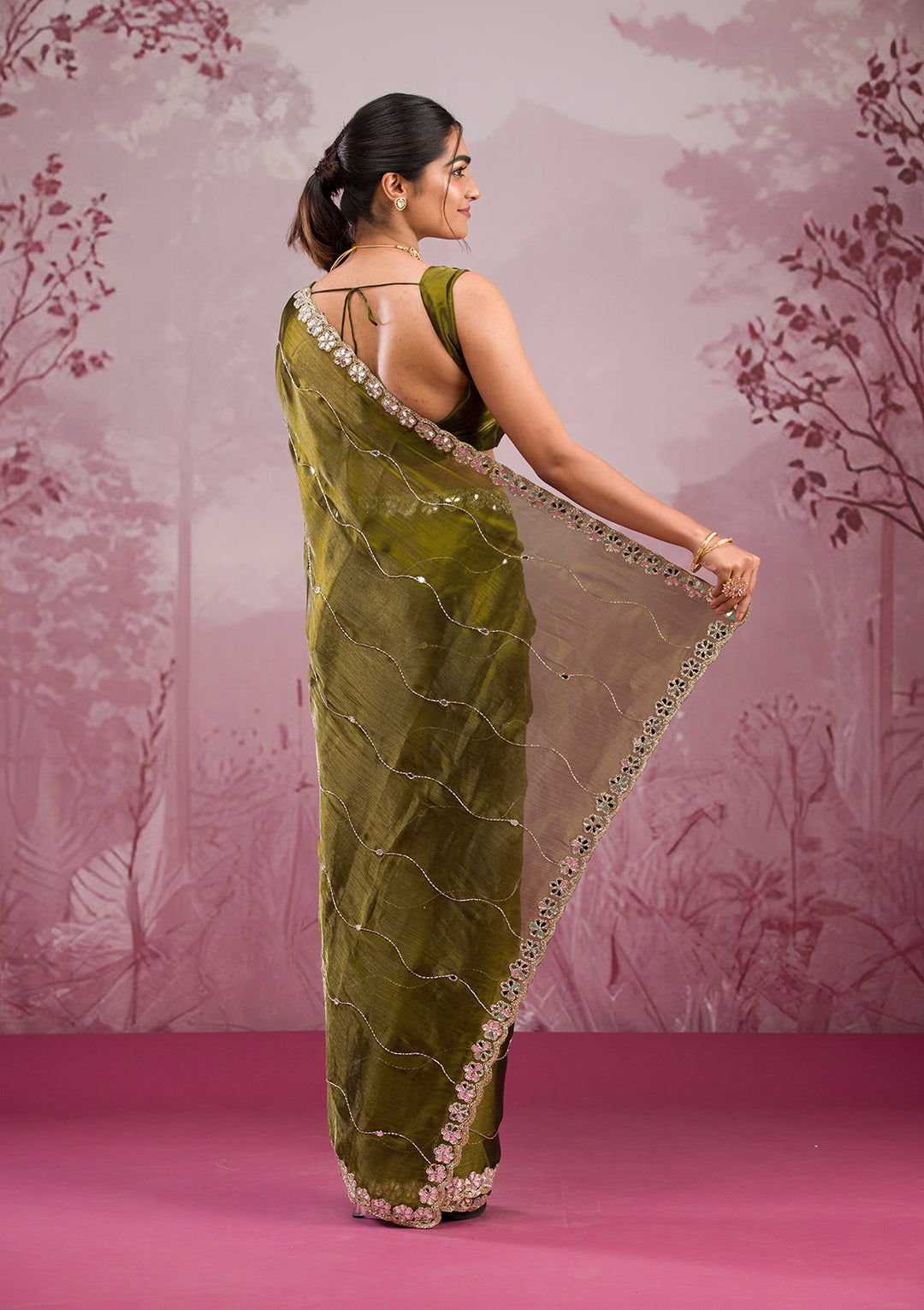 Mehendi Mirrorwork Organza Saree